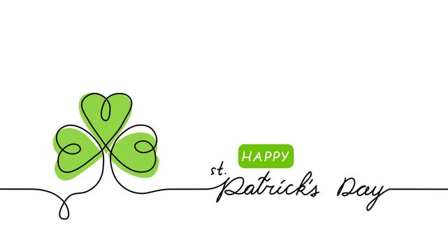Clover, shamrock,trefoil leaf simple animated illustration with lettering happy st patricks day. Fortune and luck symbol, sign with four leaves. One continuous self drawing line animation, footage of
