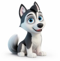A cheerful husky dog with big blue eyes and fluffy fur sits happily, showcasing its playful personality in a colorful cartoon environment