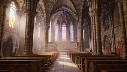 Fototapeta premium Sunlit Tranquility in a Medieval Church