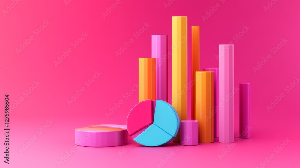 Aufkleber D bars and pie chart graphics in vivid colors, floating in space against a neutral backdrop for a visually impactful design