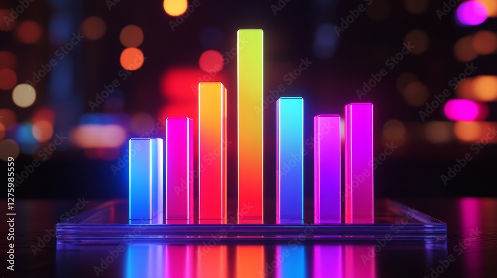 Poster d bar graph with vibrant colors, arranged in ascending order on a transparent glass base, with soft 
