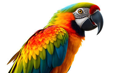 Fototapeta premium A tropical macaw parrot with vibrant, detailed feathers, perched gracefully. High-definition close-up, isolated on a white backdrop, capturing every intricate color transition.