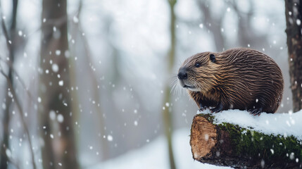 Obraz premium Beaver in a snowy forest during snowfall