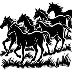 Running Horses Cartoon Vector. Dynamic Horse Graphics on Grass Illustration.