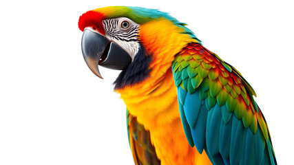 Fototapeta premium A tropical macaw parrot with vibrant, detailed feathers, perched gracefully. High-definition close-up, isolated on a white backdrop, capturing every intricate color transition.