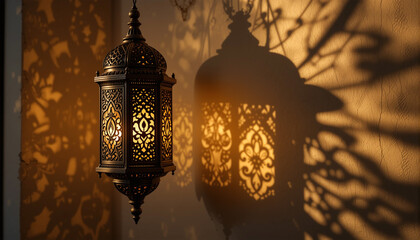 An ornate Fanoos casts beautiful patterns on the wall, adding a warm Ramadan glow.
