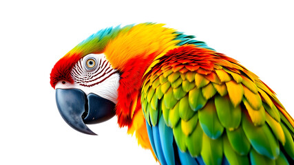 Obraz premium A tropical macaw parrot with vibrant, detailed feathers, perched gracefully. High-definition close-up, isolated on a white backdrop, capturing every intricate color transition.