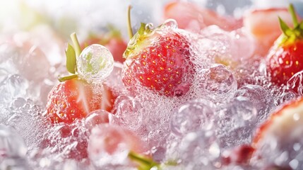Fresh strawberries submerged in sparkling water with bubbles, creating a refreshing scene