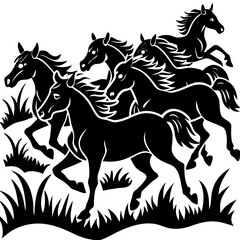 Running Horses Cartoon Vector. Dynamic Horse Graphics on Grass Illustration.