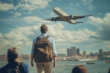 The Journey Begins: A traveler stands poised at the water's edge, watching an airplane ascend into a vibrant sky, symbolizing the start of a new adventure or the anticipation of a faraway destination.