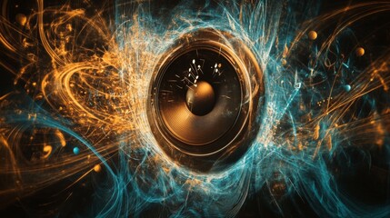 Naklejka premium An abstract image of a speaker with swirling sound waves and musical notes, visually illustrating the connection between technology and music creation
