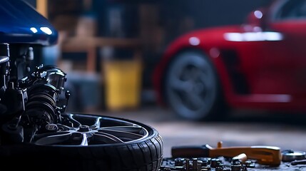 Fototapeta premium Close-up of a car tire and engine in a dimly lit garage with tools scattered around