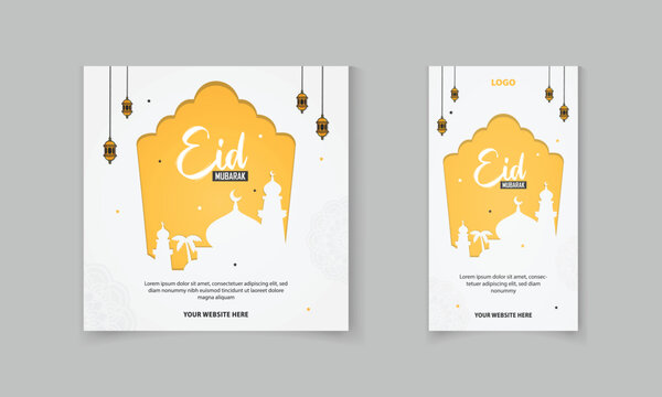 Eid Mubarak social media post and story set template with Islamic mandala, masjid, moon, lamp vector