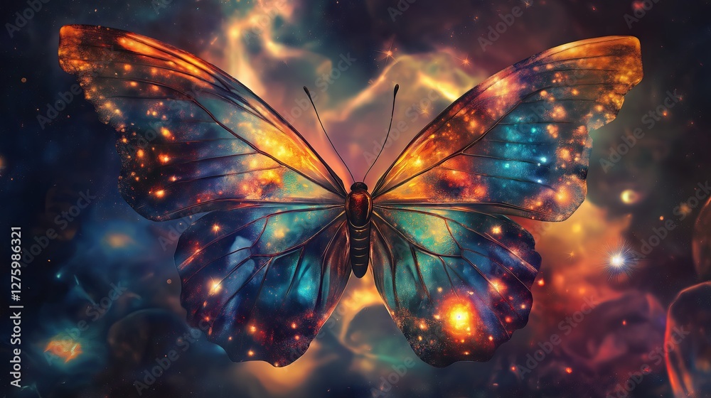 Poster a butterfly with wings filled with cosmic patterns