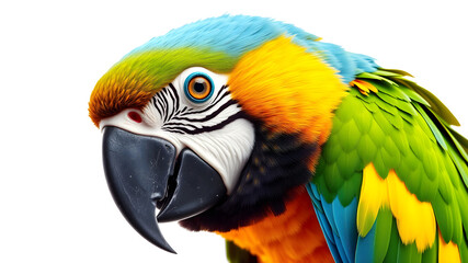 A tropical macaw parrot with vibrant, detailed feathers, perched gracefully. High-definition close-up, isolated on a white backdrop, capturing every intricate color transition.