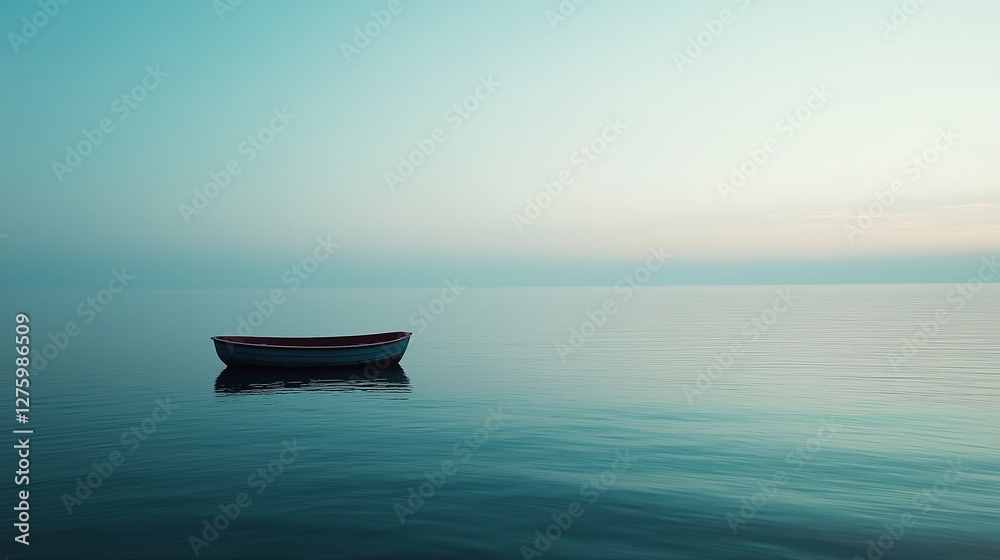 Poster a calm ocean with a single, tiny boat in the distance