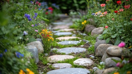 A winding stone pathway surrounded by vibrant flowers and lush greenery, perfect for gardening or outdoor decor inspiration