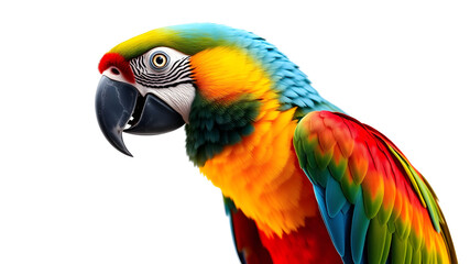 Obraz premium A tropical macaw parrot with vibrant, detailed feathers, perched gracefully. High-definition close-up, isolated on a white backdrop, capturing every intricate color transition.