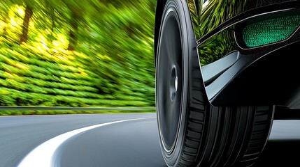 Close-up of a car tire navigating a winding road surrounded by lush greenery and sunlight