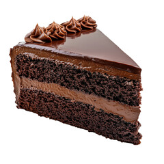 Decadent slice of layered chocolate cake with rich ganache frosting and chocolate shavings, isolated on a transparent background.
