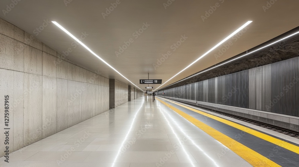 Poster An empty subway station with modern design elements and bright lighting, emphasizing the efficiency and convenience of underground transportation