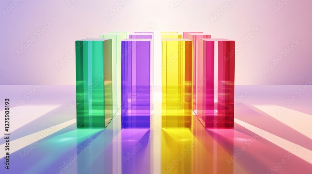 Fototapete Array of rainbow-colored D bars in a row, gradually increasing in height, with smooth shadows and reflections