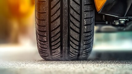 Close-up of a car tire on a road with blurred background showcasing motion and speed