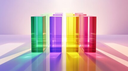 Array of rainbow-colored D bars in a row, gradually increasing in height, with smooth shadows and reflections