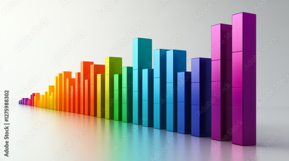 Fototapete Array of rainbow-colored D bars in a row, gradually increasing in height, with smooth shadows and reflections