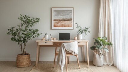 Fototapeta premium A beautifully arranged minimalist workspace featuring a light wood desk, a laptop on top, and a soft throw blanket draped over the chair for a cozy touch