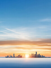 Naklejka premium Cityscape Sunset Panorama - Stunning cityscape silhouette at sunset, showcasing a beautiful skyline and tranquil water. Ideal for backgrounds or travel themes