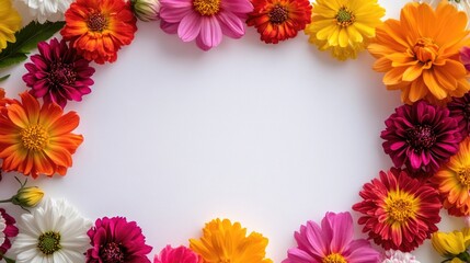 A bouquet of colorful flowers arranged in a circle on a white surface, perfect for decorative purposes