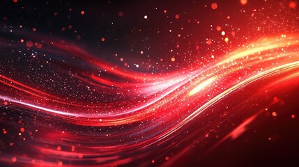 Abstract red background with blue liquid waves and sparkling particles, copy space, horizontal