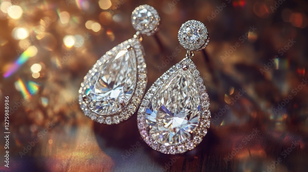 Poster a beautiful close-up of a pair of diamond drop earrings, captured in natural light to showcase their