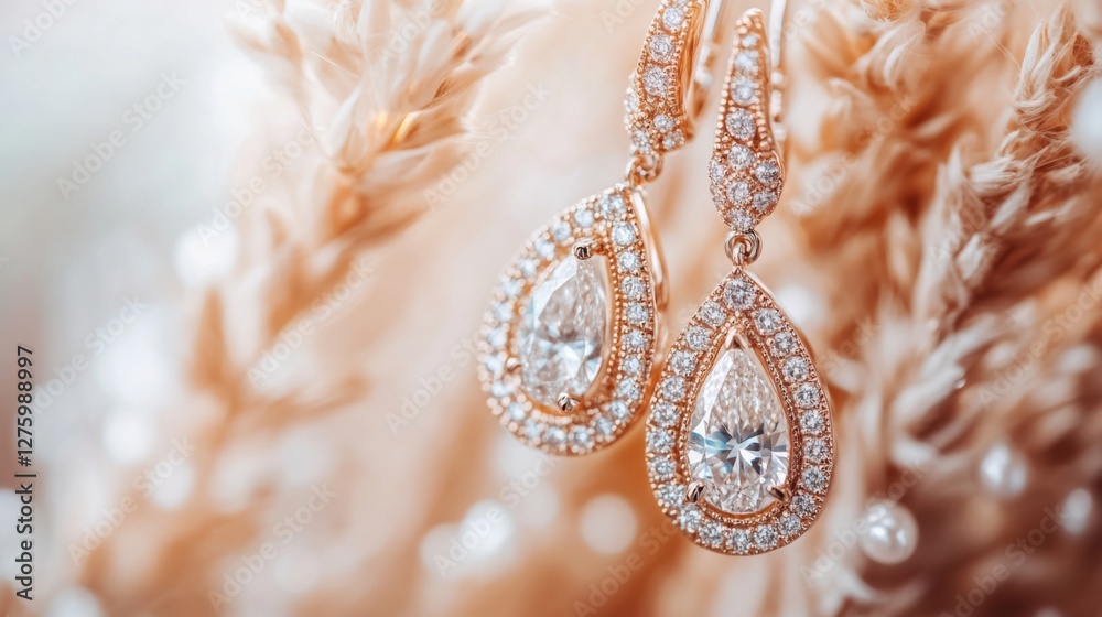 Poster a beautiful close-up of a pair of diamond drop earrings, captured in natural light to showcase their