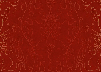 Fototapeta premium Hand-drawn unique abstract ornament. Light red on a bright red background, with vignette of same pattern in golden glitter. Paper texture. Digital artwork, A4. (pattern: p13-1a)