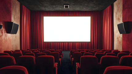 Fototapeta premium A large blank frame on the wall of an empty movie theater with red velvet curtains 