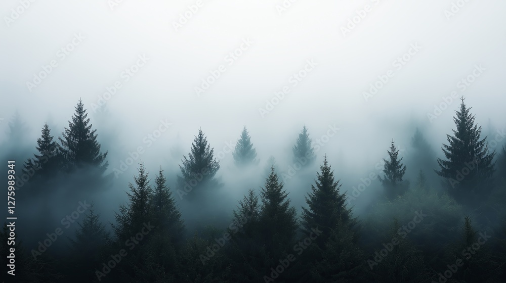 Poster a foggy forest with silhouettes of trees fading into the mist.