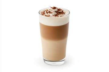 Cappuccino served in a clear glass showcasing layers of espresso and milk with whipped cream and cocoa
