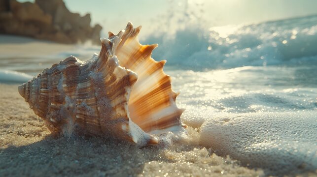 Conch Shell on Beach with Gentle Waves