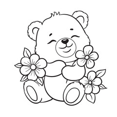 Cartoon Teddy Bear with Bouquet, black outline, line art, coloring, vector illustration