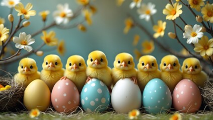 little yellow chicks peeking out from behind Easter eggs