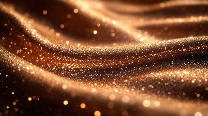 Glittering bronze fabric waves, bokeh background, luxury texture