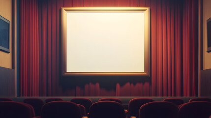 Fototapeta premium A large blank frame on the wall of an empty movie theater with red velvet curtains 