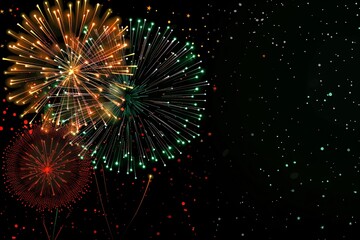 Colorful fireworks display against dark night sky with copy space. Festive celebration background for New Year, Independence Day, Diwali, Chinese New Year, Christmas