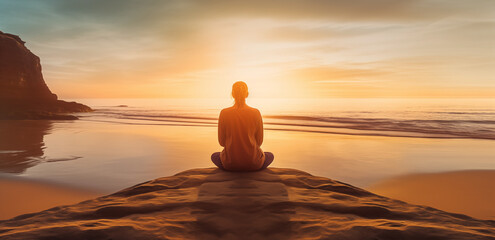 person practices mindfulness and meditation on serene beach at sunset, embracing tranquility and peace. golden hues of setting sun reflect on calm ocean, creating harmonious atmosphere