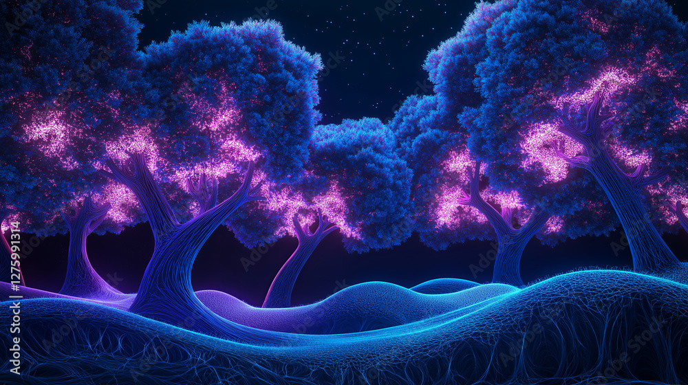 Poster a glowing neon forest with swirling fractal trees.