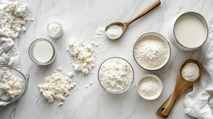 Variety of dairy products including milk, yogurt, and different types of cheese on a marble surface