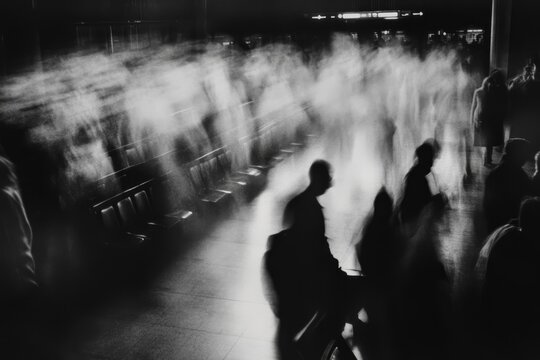 Black and white image of shadowy figures in a blurry