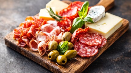 A colorful antipasto platter featuring cured meats, cheeses, olives, and marinated vegetables, artfully arranged on a wooden board for a traditional Italian feast